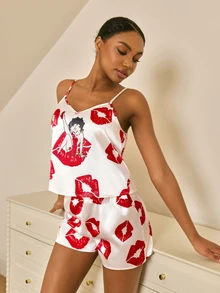 Betty Boop x SHEIN 女士唇印吊带背心和短裤睡衣套装 - 白色 - 查看 4