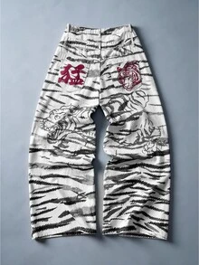 ROMWE MEN Street Life Tiger Totem Loose Fit Denim Jeans, Street Retro Y2K - Black and White - View 1