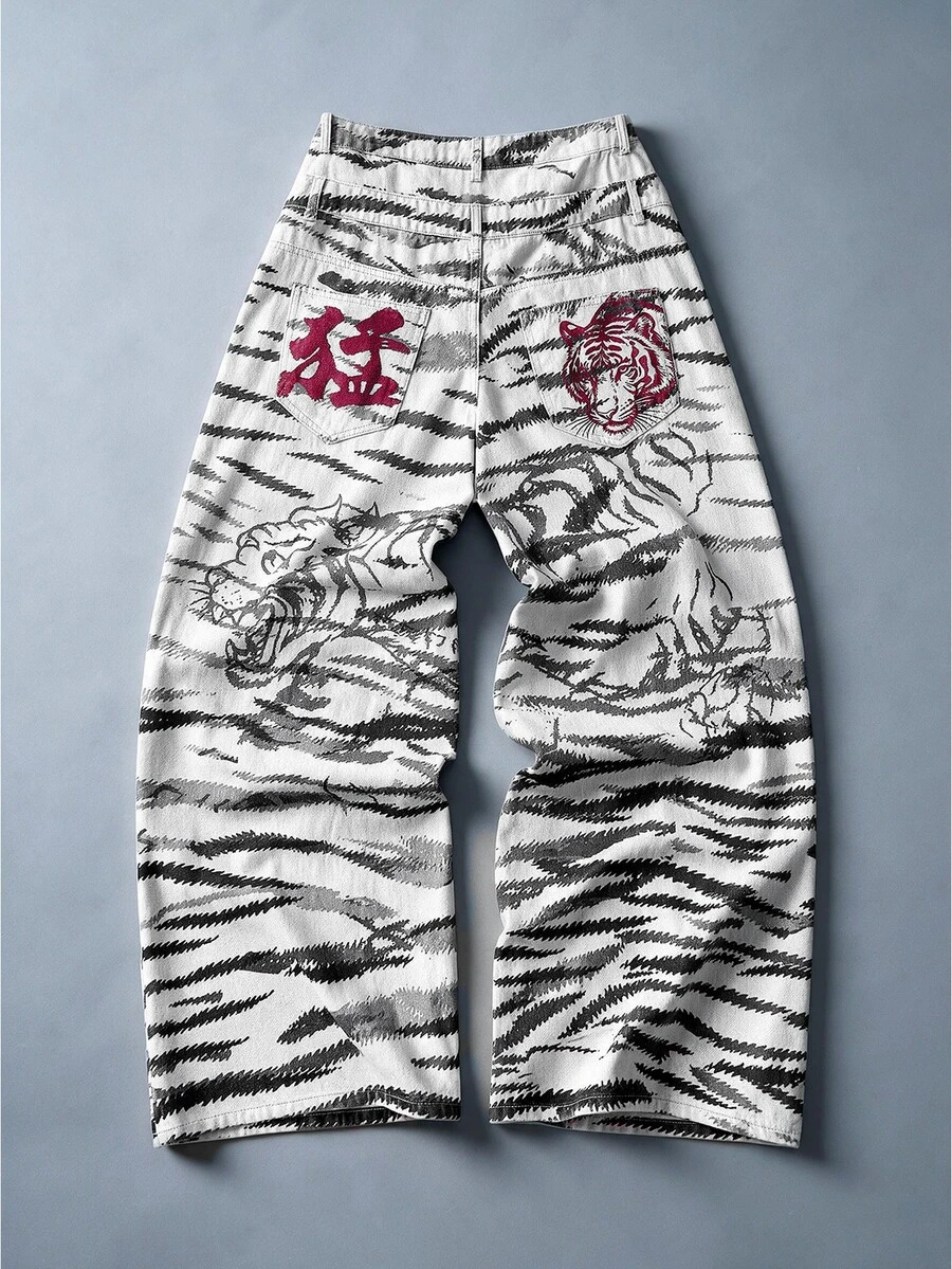 ROMWE MEN Street Life Tiger Totem Loose Fit Denim Jeans, Street Retro Y2K - Black and White - View 1