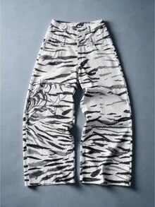 ROMWE MEN Street Life Tiger Totem Loose Fit Denim Jeans, Street Retro Y2K - Black and White - View 2