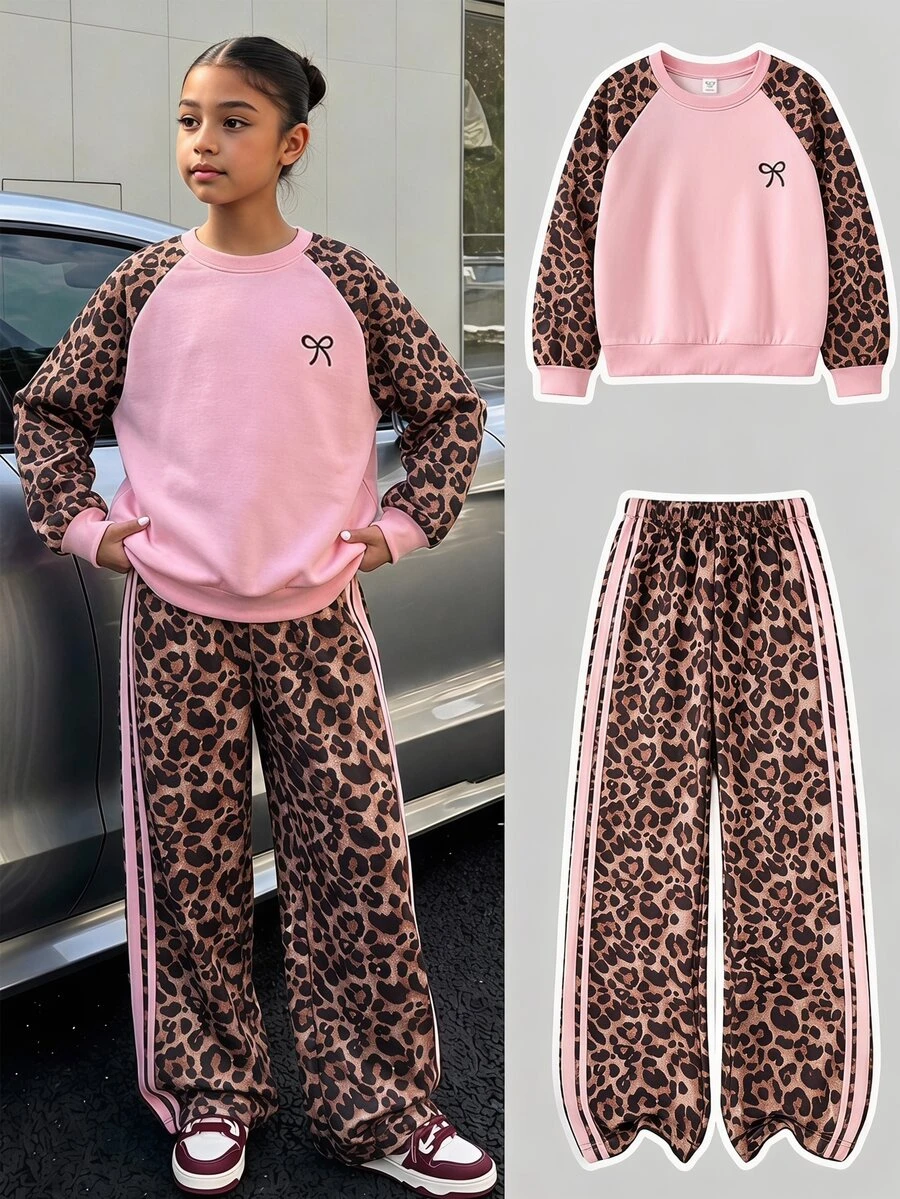 SHEIN 青少年女孩抓絨秋季套裝,長袖綠色,羅紋袖口、下擺與領口,側邊飾帶,蝴蝶結設計 - 粉色 - 查看 1