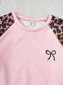 SHEIN 青少年女孩抓絨秋季套裝，長袖綠色，羅紋袖口、下擺與領口，側邊飾帶，蝴蝶結設計 - 粉色 - 查看 4