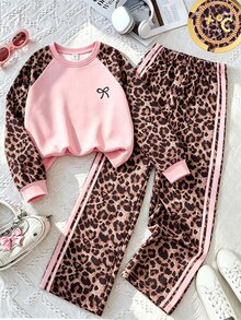 SHEIN 青少年女孩抓絨秋季套裝，長袖綠色，羅紋袖口、下擺與領口，側邊飾帶，蝴蝶結設計 - 粉色 - 查看 3