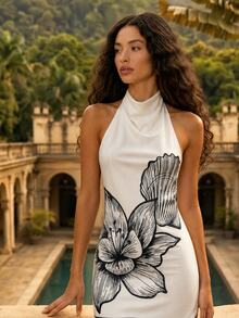 CAJUNI Short Dress With Flared Collar, Elegant Summer Style, Maxi Floral Print - Black and White - View 8