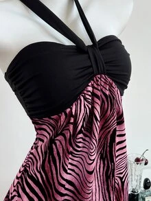 Elamini 女士无肩带褶皱撞色豹纹连衣裙 - 玫紅色 - 查看 4