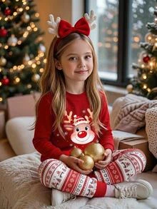 SHEIN Tween Girls Tween Girl Autumn/Winter Christmas Cute Fashion Versatile Party Long Sleeve Pants Set, Daily Home Wear, Slim Fit - Red and White - View 3