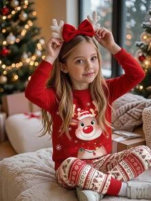 SHEIN Tween Girls Tween Girl Autumn/Winter Christmas Cute Fashion Versatile Party Long Sleeve Pants Set, Daily Home Wear, Slim Fit - Red and White - View 2