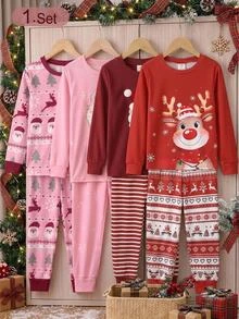 SHEIN Tween Girls Tween Girl Autumn/Winter Christmas Cute Fashion Versatile Party Long Sleeve Pants Set, Daily Home Wear, Slim Fit - Red and White - View 11