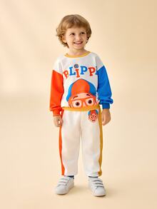 Blippi X SHEIN Young Boy Cartoon Letter Pattern Colorblock Long Sleeve Sweatshirt And Pants Set - Multicolor - View 1