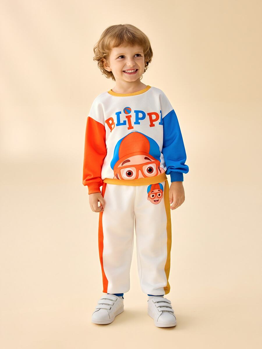 Blippi X SHEIN Young Boy Cartoon Letter Pattern Colorblock Long Sleeve Sweatshirt And Pants Set - Multicolor - View 1