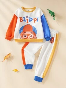 Blippi X SHEIN Young Boy Cartoon Letter Pattern Colorblock Long Sleeve Sweatshirt And Pants Set - Multicolor - View 3