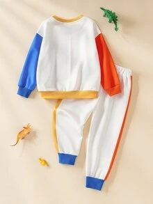 Blippi X SHEIN Young Boy Cartoon Letter Pattern Colorblock Long Sleeve Sweatshirt And Pants Set - Multicolor - View 2