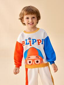 Blippi X SHEIN Young Boy Cartoon Letter Pattern Colorblock Long Sleeve Sweatshirt And Pants Set - Multicolor - View 4
