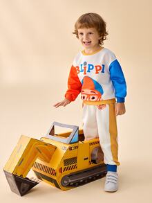 Blippi X SHEIN Young Boy Cartoon Letter Pattern Colorblock Long Sleeve Sweatshirt And Pants Set - Multicolor - View 7