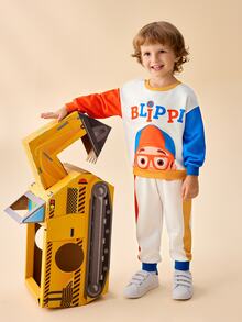 Blippi X SHEIN Young Boy Cartoon Letter Pattern Colorblock Long Sleeve Sweatshirt And Pants Set - Multicolor - View 6