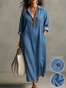 Linhara Women's Plus Size Casual Commute Blue Solid Color Lapel Long Sleeve Chest Pocket Hem Slit Design Long Dress Suitable For Spring And Autumn Fall - Blue - View 3