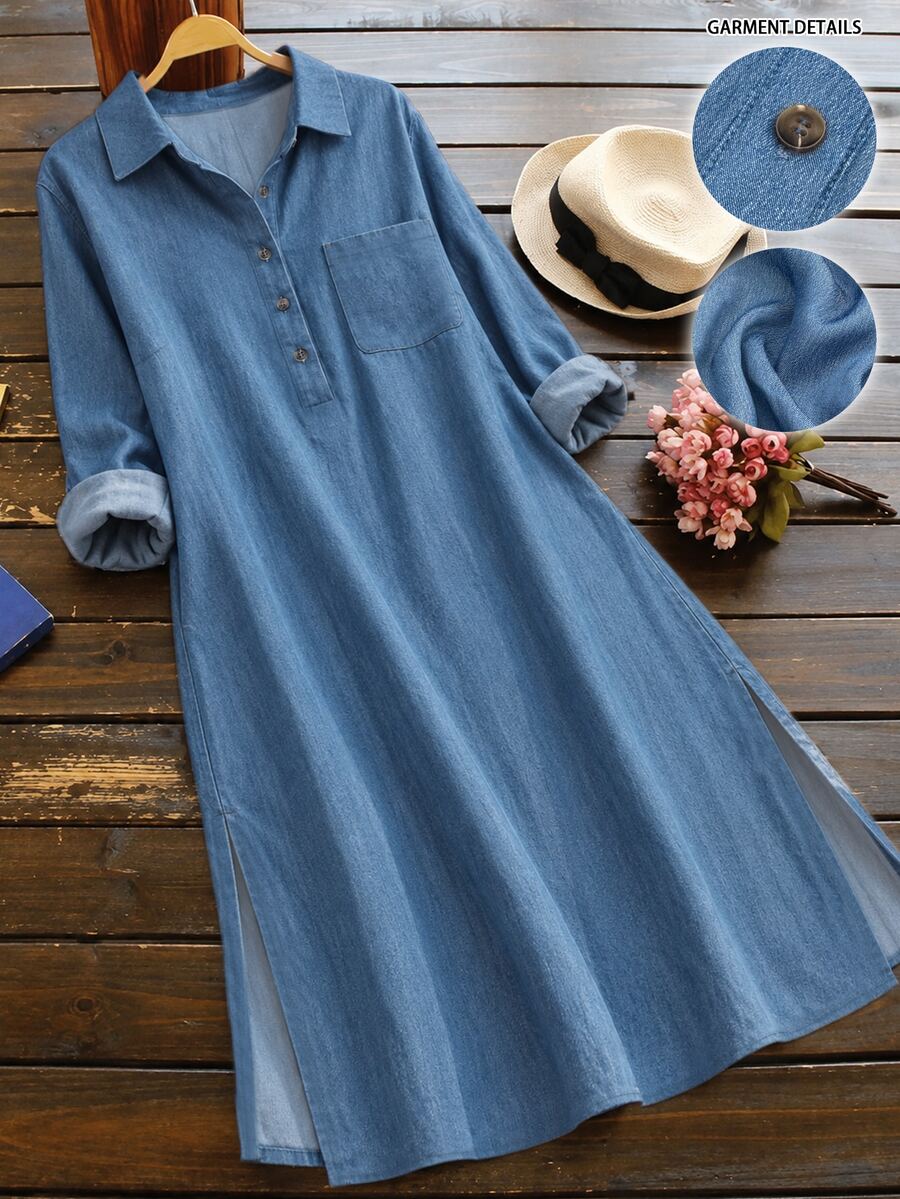 Linhara Women's Plus Size Casual Commute Blue Solid Color Lapel Long Sleeve Chest Pocket Hem Slit Design Long Dress Suitable For Spring And Autumn Fall - Blue - View 1