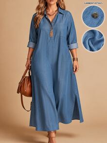 Linhara Women's Plus Size Casual Commute Blue Solid Color Lapel Long Sleeve Chest Pocket Hem Slit Design Long Dress Suitable For Spring And Autumn Fall - Blue - View 5