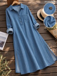 Linhara Women's Plus Size Casual Commute Blue Solid Color Lapel Long Sleeve Chest Pocket Hem Slit Design Long Dress Suitable For Spring And Autumn Fall - Blue - View 4