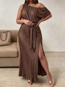 Elenzga Women's Plus Size Elegant Vintage Brown Asymmetrical Shoulder Ruched Long Dress With Cinched Waist And Slit For Date And Party - Brown - View 1