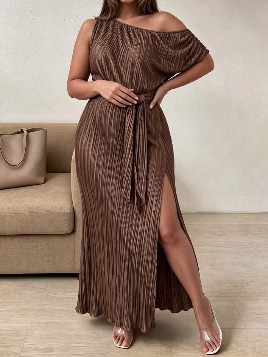 Elenzga Women's Plus Size Elegant Vintage Brown Asymmetrical Shoulder Ruched Long Dress With Cinched Waist And Slit For Date And Party - Brown - View 1