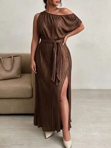 Elenzga Women's Plus Size Elegant Vintage Brown Asymmetrical Shoulder Ruched Long Dress With Cinched Waist And Slit For Date And Party - Brown - View 5