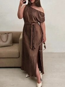 Elenzga Women's Plus Size Elegant Vintage Brown Asymmetrical Shoulder Ruched Long Dress With Cinched Waist And Slit For Date And Party - Brown - View 6