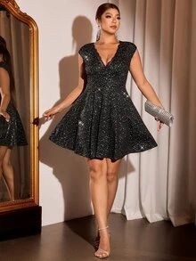 Cravure Vestido de noche para mujer talla grande con escote en V profundo, patchwork de encaje, casual, sexy, elegante, para fiesta de Año Nuevo, negro, verano - Negro - Ver 6