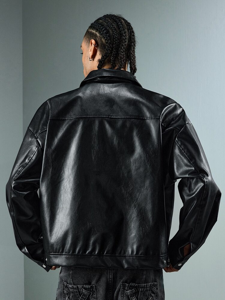 ROMWE MEN Men's Fashion Airplane Buckle Long Sleeve Jacket - Black - View 3