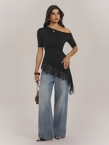 SHEIN Tall Black Lace-Panel Asymmetric Hem T-Shirt For Tall Women – Casual Workwear - Black - View 1