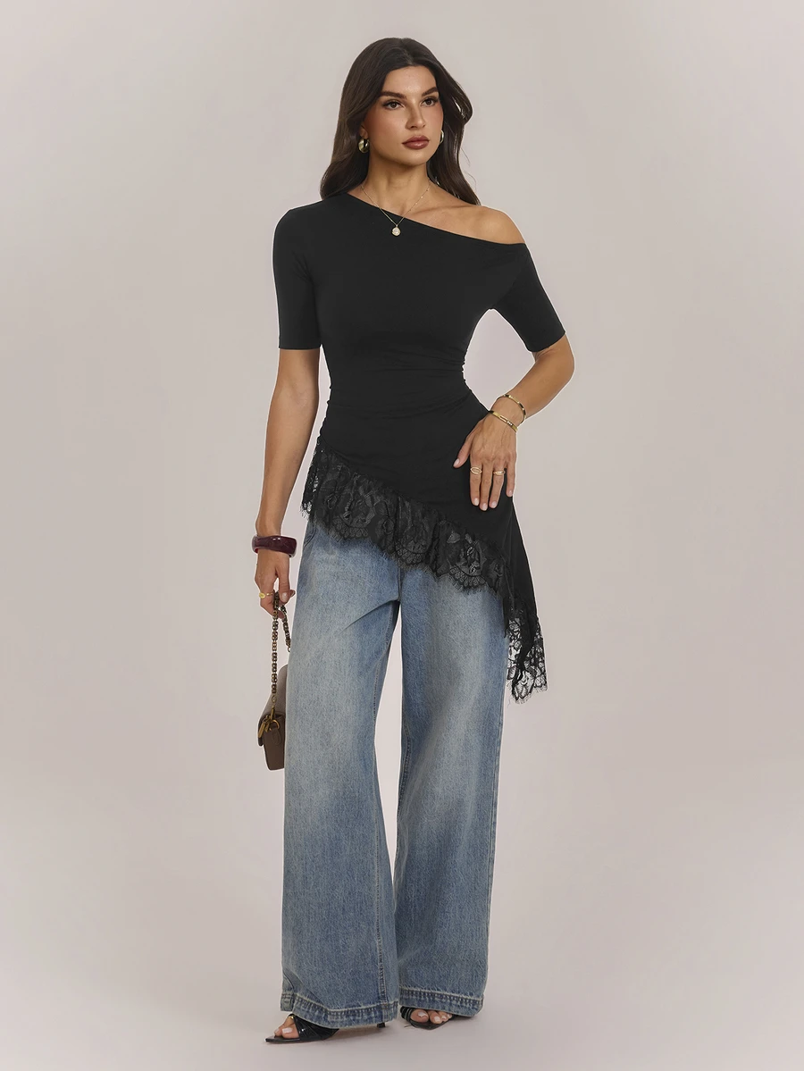 SHEIN Tall Black Lace-Panel Asymmetric Hem T-Shirt For Tall Women – Casual Workwear - Black - View 1