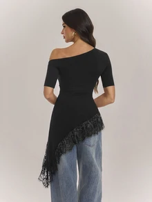 SHEIN Tall Black Lace-Panel Asymmetric Hem T-Shirt For Tall Women – Casual Workwear - Black - View 2