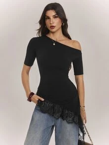 SHEIN Tall Black Lace-Panel Asymmetric Hem T-Shirt For Tall Women – Casual Workwear - Black - View 4