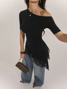 SHEIN Tall Black Lace-Panel Asymmetric Hem T-Shirt For Tall Women – Casual Workwear - Black - View 6
