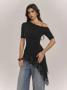 SHEIN Tall Black Lace-Panel Asymmetric Hem T-Shirt For Tall Women – Casual Workwear - Black - View 3
