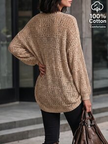 EMERY ROSE Women's Casual Commuting Elegant Blouse, Solid Color Hollow-Out Semi-Sheer 3/4 Sleeve Comfortable Loose Cardigan, Spring/Summer - Apricot - View 2