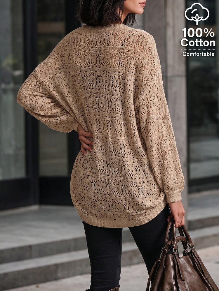 EMERY ROSE Women's Casual Commuting Elegant Blouse, Solid Color Hollow-Out Semi-Sheer 3/4 Sleeve Comfortable Loose Cardigan, Spring/Summer - Apricot - View 2
