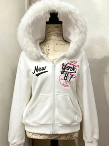 SHEIN Sparklyn 青少年女孩休閒標語圖案毛邊連帽拉鍊運動衫，厚抓絨內裡保暖外套，冬季穿搭秋季街頭風返校上衣 - 白色 - 查看 2