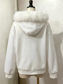 SHEIN Sparklyn 青少年女孩休閒標語圖案毛邊連帽拉鍊運動衫，厚抓絨內裡保暖外套，冬季穿搭秋季街頭風返校上衣 - 白色 - 查看 3