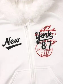 SHEIN Sparklyn 青少年女孩休閒標語圖案毛邊連帽拉鍊運動衫，厚抓絨內裡保暖外套，冬季穿搭秋季街頭風返校上衣 - 白色 - 查看 5