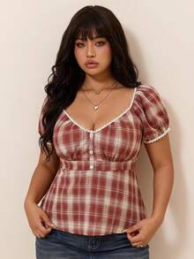 CovetEZ Spring/Summer Burgundy Retro 2000s 90s Elegant Traditional Fairy Cottage Core Plaid Short Sleeve Vacation Casual Plus Size Shirt Party Dinner - Red and White - View 1