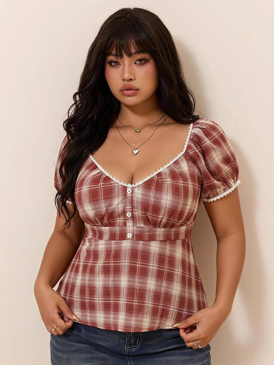 CovetEZ Spring/Summer Burgundy Retro 2000s 90s Elegant Traditional Fairy Cottage Core Plaid Short Sleeve Vacation Casual Plus Size Shirt Party Dinner - Red and White - View 1
