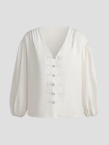 SHEIN LUNE Women's Fall Beige Fashion Casual Boho Frog Button Versatile Shirt Brunch Vacation - White - View 6