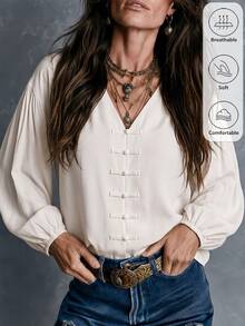 SHEIN LUNE Women's Fall Beige Fashion Casual Boho Frog Button Versatile Shirt Brunch Vacation - White - View 1