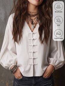 SHEIN LUNE Women's Fall Beige Fashion Casual Boho Frog Button Versatile Shirt Brunch Vacation - White - View 9