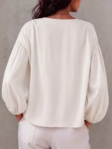 SHEIN LUNE Women's Fall Beige Fashion Casual Boho Frog Button Versatile Shirt Brunch Vacation - White - View 2