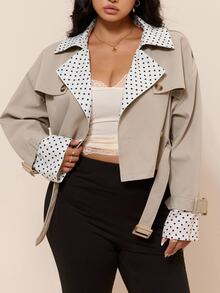 CovetEZ New Season Polka Dot Colorblock Patchwork Casual Plus Size Trench Coat Fall - Apricot - View 9