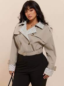 CovetEZ New Season Polka Dot Colorblock Patchwork Casual Plus Size Trench Coat Fall - Apricot - View 1