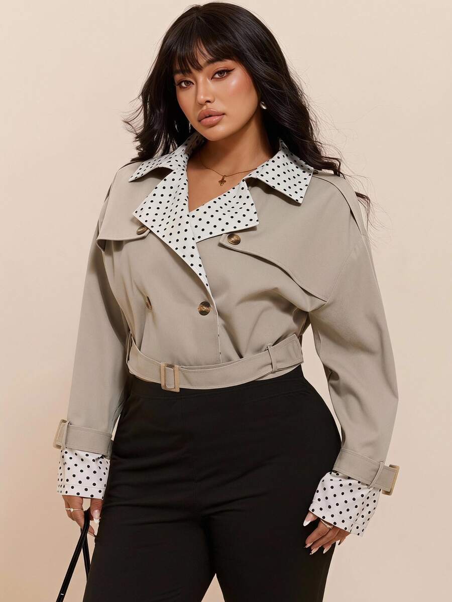 CovetEZ New Season Polka Dot Colorblock Patchwork Casual Plus Size Trench Coat Fall - Apricot - View 1