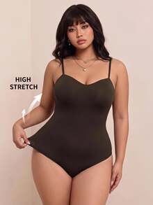 CovetEZ Autumn/Winter Vintage Brown High Elastic Versatile Casual Plus Size Spaghetti Strap Bodysuit - Brown - View 1